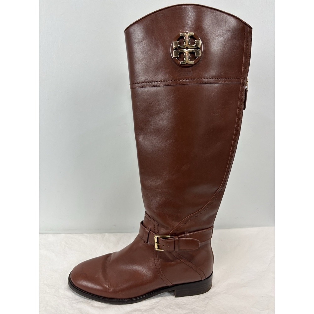 Tory Burch Adeline Brown Leather Tall Riding Boots Size 8.5 M Side Zip Classic